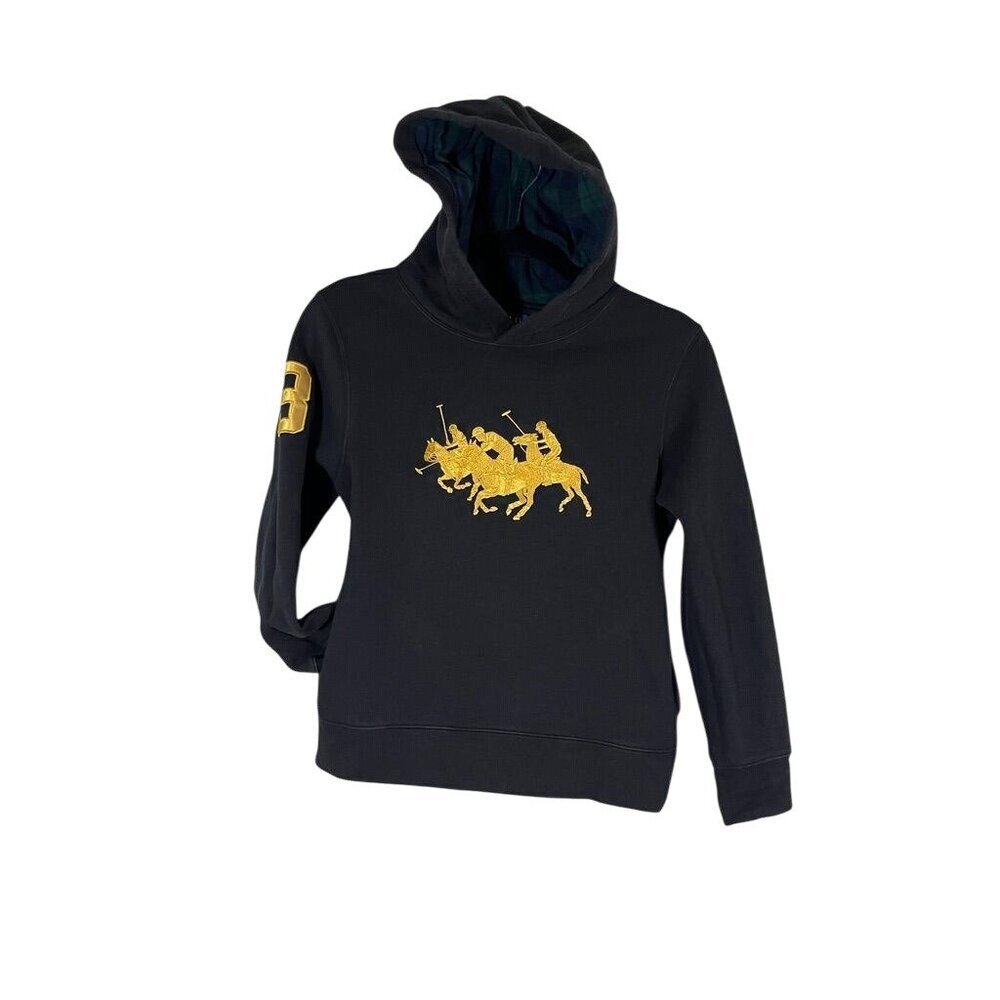 Ralph Lauren XL 3 Horse Hoodie Black Kid Preppy Embroidery Luxury Classic Retro